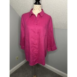 Chico's Women's Shirt Button Up Pink Linen Collared No Iron Top 3.5/XL/18 READ